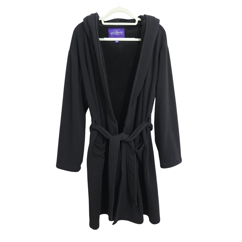 Savile Row Co London Black Hooded Fleece Robe Mens‎ S/M Wrap Waist Tie Pockets